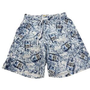 Tipsy Elves Busch Light Swim Trunks Small Pocket Beer Can All Over Lined Blue